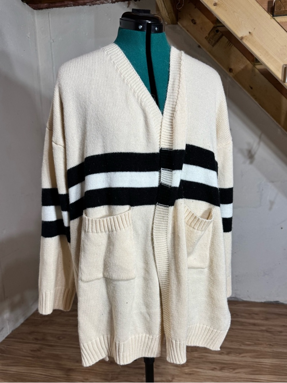 SHEIN Cream Open-Front Cardigan with Black and White Stripes